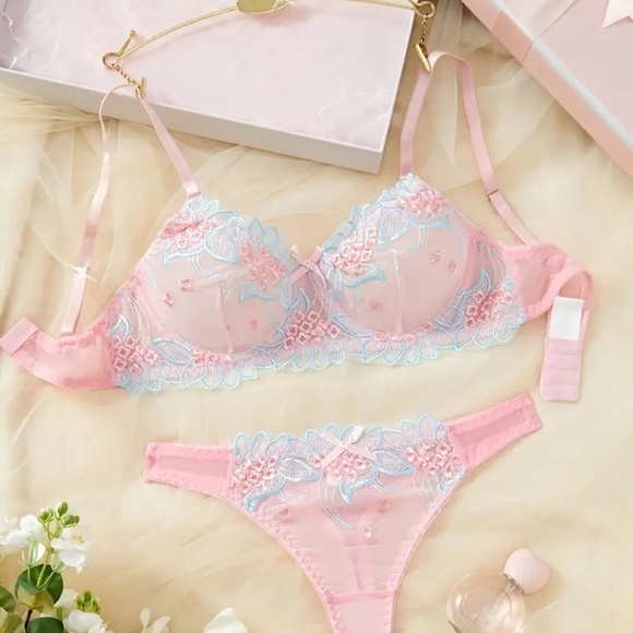 Pastel Pink and Blue Lace Bra & Panty Set. Small. - Picture 3 of 4
